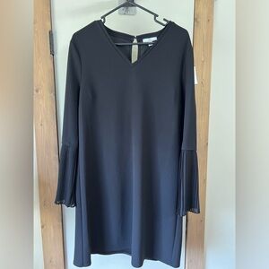 H by Halston Women's Size Medium Ponte Pleated Sleeve V Neck Black Dress